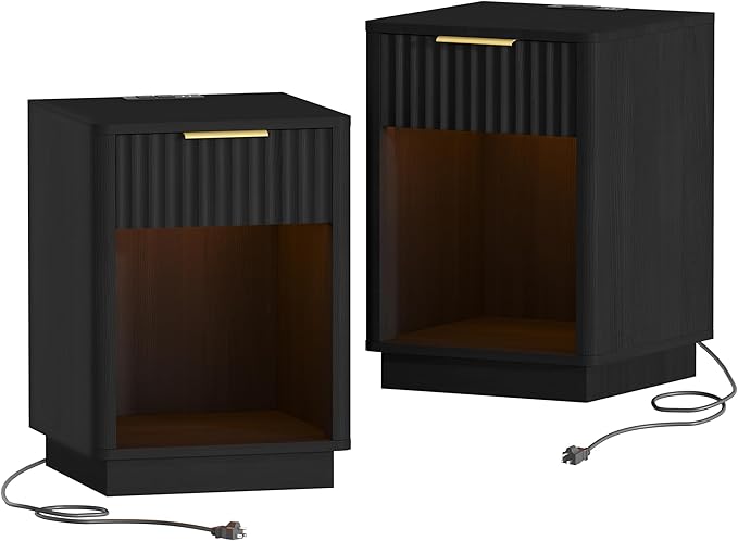 Akxomel Fluted Nightstands Set of 2, Wooden Night Stand with Charging Station and LED Light, Modern Mid Century End Table with Drawer, 15" D x 15.7" W x 22.6" H, for Bedroom, Black