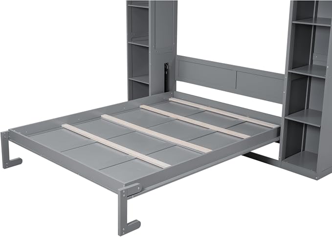 MERITLINE Queen Murphy Bed with Storage and LED Lights, Wood Grey Murphy Wall Bed Cabinet with Shelves Bookcase Bookshelf for Adults (Grey,Queen)