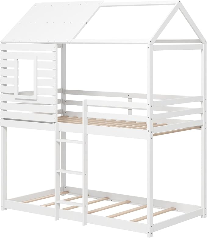 Giantex Wood Bunk Bed Twin Over Twin, House Bed Frame with Ladder and Guardrail, Floor Bunk Bed with Wood Slats for Kids, Girls, Boys, Dormitory and Bedroom, No Box Spring Needed, White