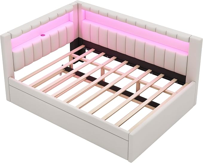 Merax Modern Upholstered Platform Bed Frame with USB Ports & Trundle Bed, Floor Sofa Day Bed with Storage Headboard, No Box Spring Needed/Easy Assemble/Full,White