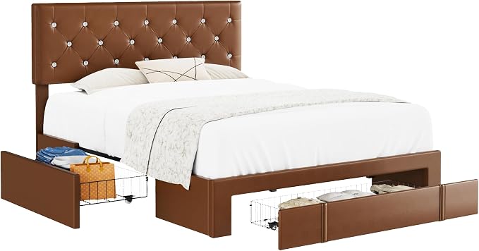 VECELO Full Size Bed Frame with 3 Storage Drawers, Leather Upholstered with Diamond Tufted Headboard, Solid Wood Slat Support & Steel Framework, PU & Brown