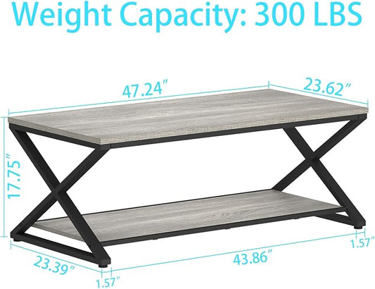 HSH Coffee Table with Storage, Farmhouse Grey Living Room Center Table, Industrial Wood and Metal Rectangle Coffee Tables, Simple Rustic 2 Tie Cocktail Tea Table for Home Office Bedroom, 47 Inch