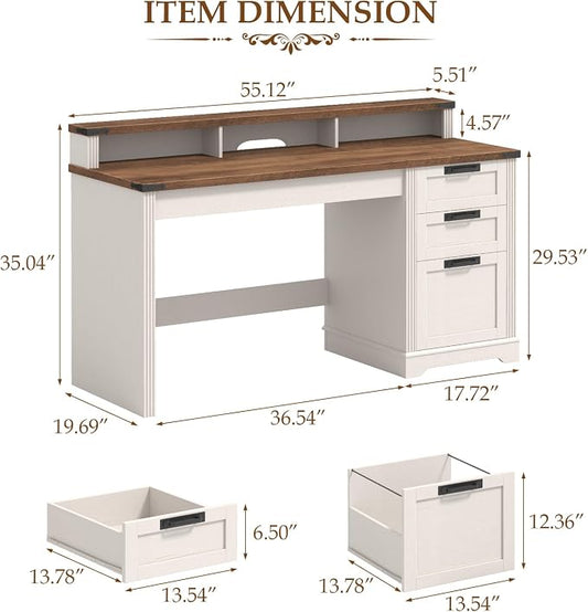 Vabches 55" Farmhouse Executive Desk with 3 Drawers, Wooden Computer Desk Home Office Desk with File Drawer (Fits A4 Size) for Work and Study, White Brown