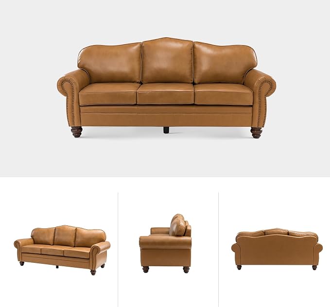 81" Genuine Leather Sofa, Classic 3-Seater Couchs with Wood Legs, Stylish & Comfortable Sofa for Living Room or Office, Easy Assembly and Maintain & Long-Lasting, Camel