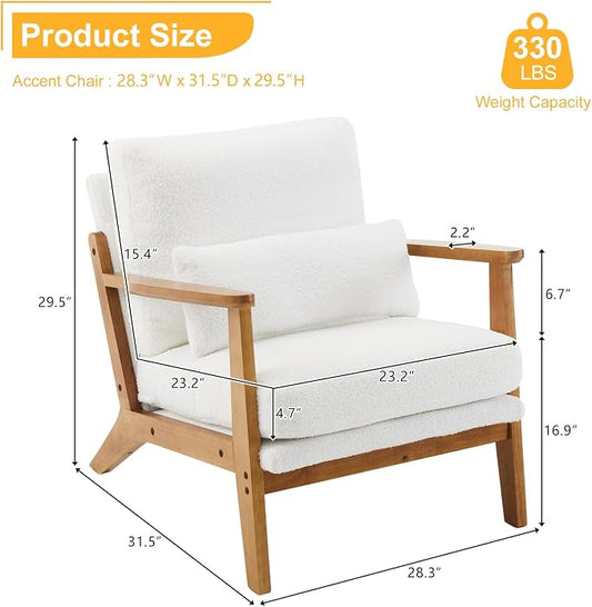 Karl home Mid-Century Lounge Accent Chair, White | Wide Curved Armrest, Teddy Fleece, Lumbar Pillow Included, Solid Wood Frame, For Living Room, Bedroom, Balcony, Apartment