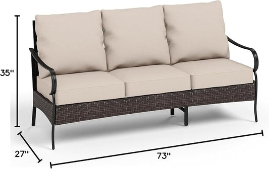PHI VILLA Wicker & Metal Outdoor Patio Couch,3-Seat Patio Sofa with Deep Seating for Front Porch, Deck, Balcony, Backyard, Sunroom