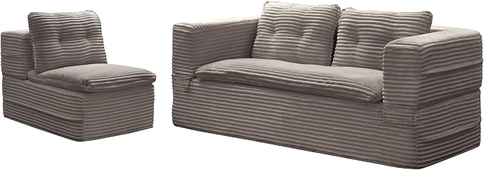 80'' Futon Sofa Bed, King Size Foldable Sleeper Sofa, Corduroy Boneless Loveseat Couch with Chaise Lounge, 3 Pillows, Blanket, Upholstered Sectional Couches for Living Room, Bedroom, Coffee
