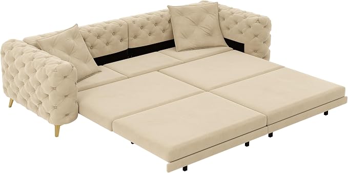 97.7'' Pull Out Sofa Bed King, Chesterfield Velvet Sleeper Sofa, Convertible L-Shaped Futon Couch, Tufted Back, Ottoman, Deep Seat Loveseat Couches for Living Room, Apartment, Honey Beige