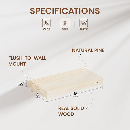 Heimlove Unfinished Wood Floating Shelves, Pine Shelves for Wall Set of 2, Wall Mounted Rustic Wood 8 Inch Deep Floating Shelf with Invisible Brackets for Bedroom Kitchen Living Room - Natural, 16x8