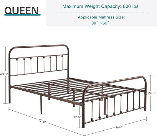 VECELO Purple Bronze Victorian Style Metal Bed Frame with Headboard/Mattress Foundation/No Box Spring Needed/Under Bed Storage and Strong Slat Support Queen Size