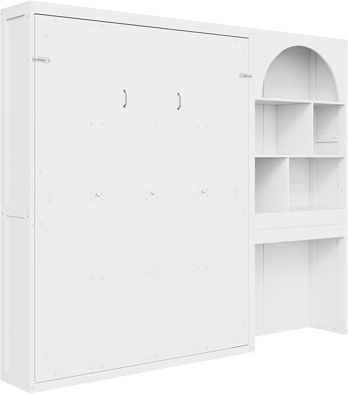 Merax Wood Multi-Functional Murphy Bed with Cabinets & a Drawer,White+Black | Queen Size Farmhouse Foldable Wall Bed with Upholstered Headboard / No Box Spring Needed / Space Saving
