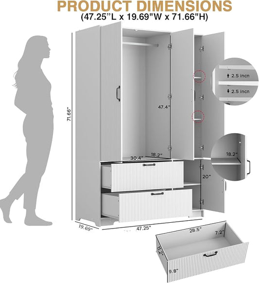 White Fluted Wardrobe Closet with Mirror and Light, 3-Door Armoire Wardrobe with 2 Drawers, Hanging Rod, Shelves, Freestanding Bedroom Storage Cabinet