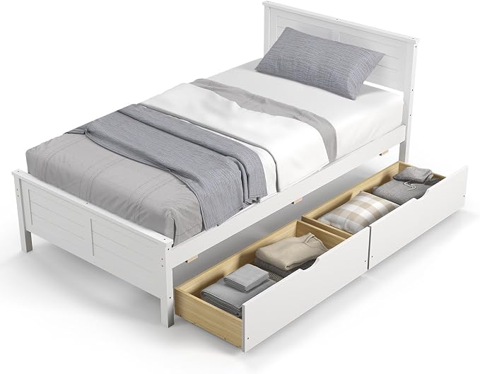 KOMFOTT Twin Size Wood Bed Frame with 2 Storage Drawers, Mid Century Platform Bed Frame with Headboard, Sturdy Wooden Slats Support, Modern Mattress Foundation, No Box Spring Required, Easy Assembly