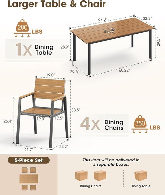 Outdoor Dining Set for 4, Aluminum Patio HDPS Outdooor Table and Chairs Set with Umbrella Hole, All Weather Patio Furniture Set, 5 Peice Patio Dining Table Set (Gray & Teak)