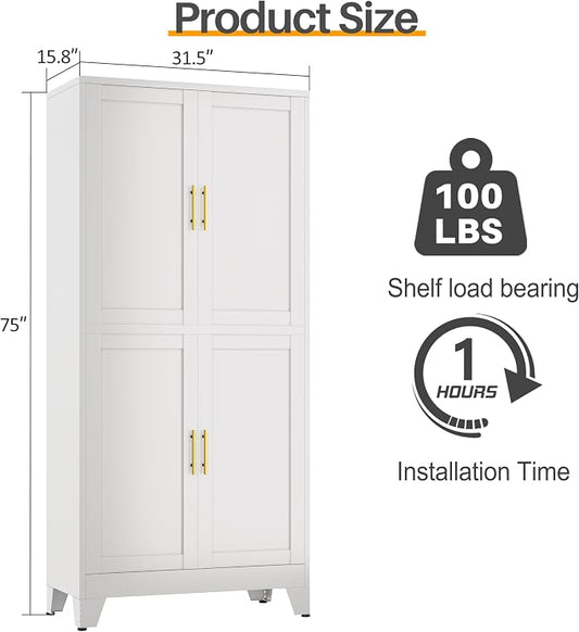 75" Tall Kitchen Pantry Cabinet, White Metal Pantry Storage | Storage Cabinet with Doors and 3 Adjustable Shelves, Steel Storage, Bathroom cabinets Organizer, Cupboard for Home, Office