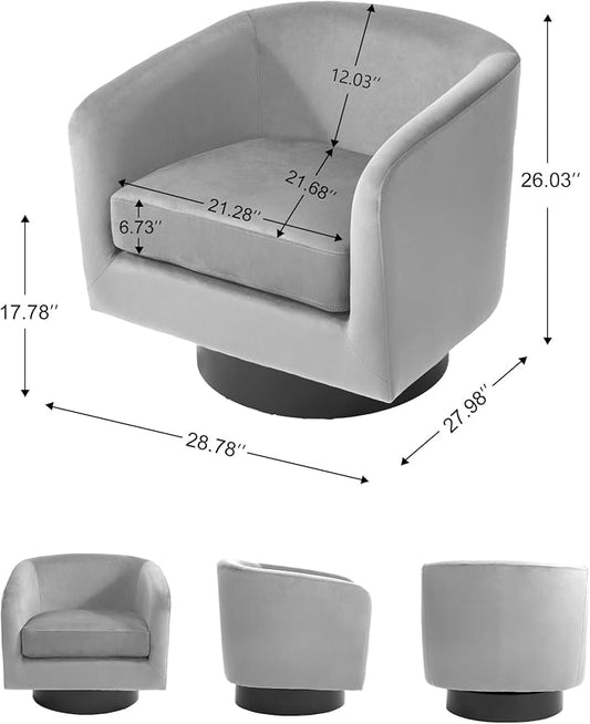 Swivel Barrel Accent Chair, Modern Round Chenille Fabric Arm Chair for Living Room, Bedroom, Comfy Club Reading Chairs for Adults(Velvet Grey, Set of 1