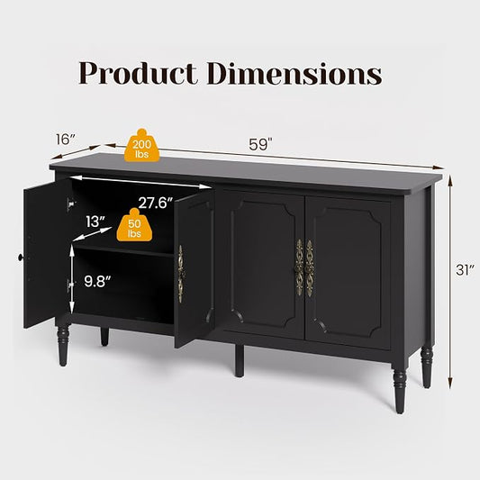 RoyalCraft 118" Buffet Cabinet with Storage, Vintage Sideboard with Adjustable Shelves, Mid Century Modern Painted Credenza Coffee Bar for Kitchen, Dining Room, Entryway, Living Room, Satin Black