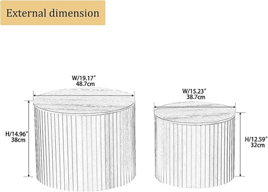 Nesting Coffee Tables Set of 2, Black Round Coffee Tables with Storage, Modern Fluted Circle Coffee Tea Table, Accent Wooden Drum Side End Table for Small Spaces Living Room