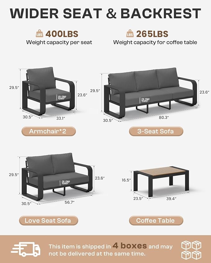 Oversized Aluminum Outdoor Furniture Set, Extra Large Patio Furniture Sofa Set 4.8” Widened Armrest & Ultra-Thick Cushions, 5 Pcs Modern Patio Sectional for Backyard, Porch, Graphite