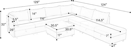 129-Inch Oversized 8 Seat Modular Cloud Sofa Deep Seat Storage Sectional Sofa Couch Free Combination W/Movable Ottomans,L/U Shaped Chenille Upholstered Convertible Sleeper Couch for Home Apartment | Space Saving
