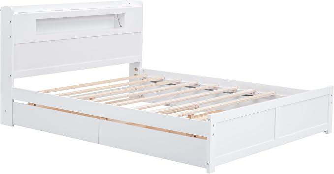 GDFStudio Queen Size Storage Bed with LED Headboard, 2 Drawers and Twin Trundle, Modern Wooden Platform Bed Frame for Bedroom Organization, No Box Spring Needed, Easy Assembly, White