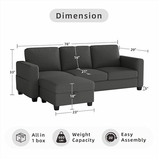 78" Sectional Sofa Couches for Living Room, Dark Grey L Shaped Couch with Storage Ottoman, Deep Seat Pet-Friendly Linen Fabric Sofa Set for Small Space, Apartment, Dorm