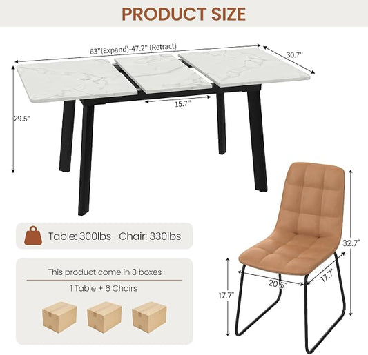 47.2"-63" Extendable Dining Room Table Set for 4-8 People, White | Removable Extension Leaf, Durable MDF Rectangle Tabletop, 6 Brown U-shaped PU Leather Chairs, Heavy Duty Modern Kitchen Table