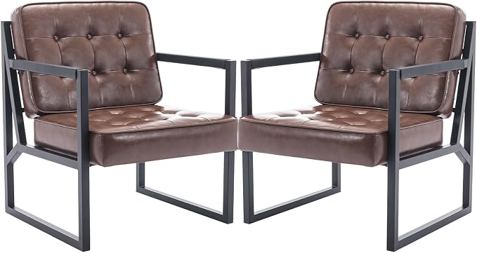 COLAMY Mid Century Modern Accent Chair Set of 2, Comfy Living Room Chair, Brown Leather Accent Chair, Faux Leather Reception Armchair with Metal Legs for Living Room Bedroom Reception Office, Brown