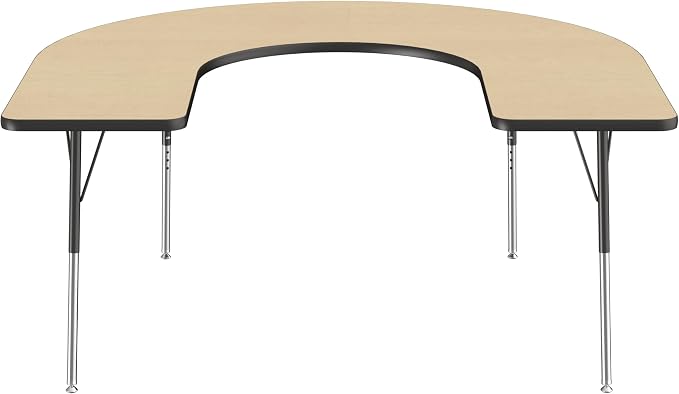 FDP Horseshoe Activity School and Office Table (60 x 66 inch), Standard Legs with Swivel Glides for Collaborative Seating Environments, Adjustable Height 19-30 inches - Maple Top and Black Edge