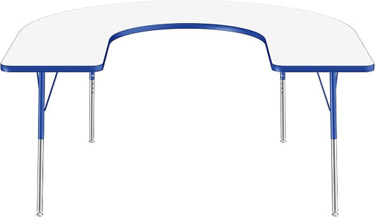 FDP Dry-Erase Horseshoe Activity School and Office Table (60 x 66 inch), Standard Legs with Swivel Glides for Collaborative Spaces, Adjustable Height 19-30 inches - Whiteboard Top, Blue Edge and Legs