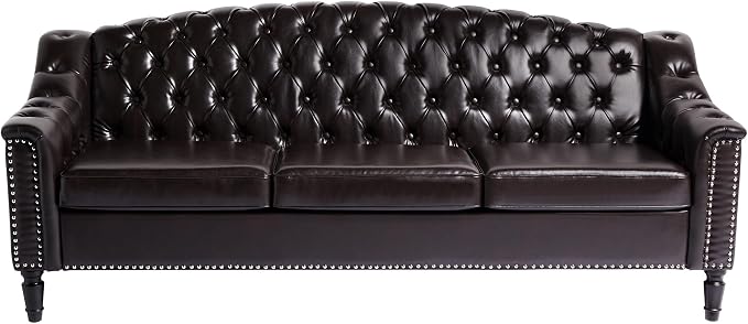 LEVNARY Mid-Century Modern Leather Couch, 80" Large Upholstered Sofa with High Back, Chesterfield Sofa Sleeper Settee with Solid Wood Legs, Tufted 3 Seater Wide Couches for Living Room Office (Brown)