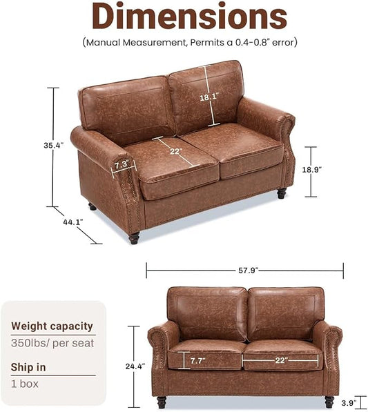Kingfun Small Leather Loveseat, 57.9" Mid Century Modern Leather Couch for Living Room, Bedroom, Office, Love seat Sofas, Mini Sofa with Rolled Arms and Nailhead Trim, Dark Brown