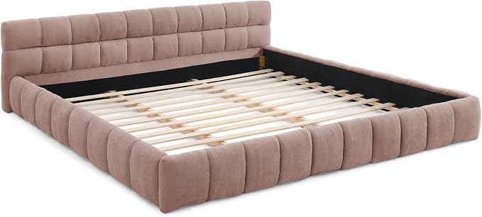 KEIKI California King Thick Chenille Platform Bed Frame with Upholstered Tufted Headboard, Modern Solid Wood Floor Platform for Bedroom, No Box Spring Needed