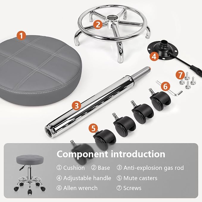 KKTONER Round Rolling Stool Chair PU Leather Height Adjustable Swivel Drafting Work SPA Shop Salon Stools with Wheels Office Chair Small (Gray)