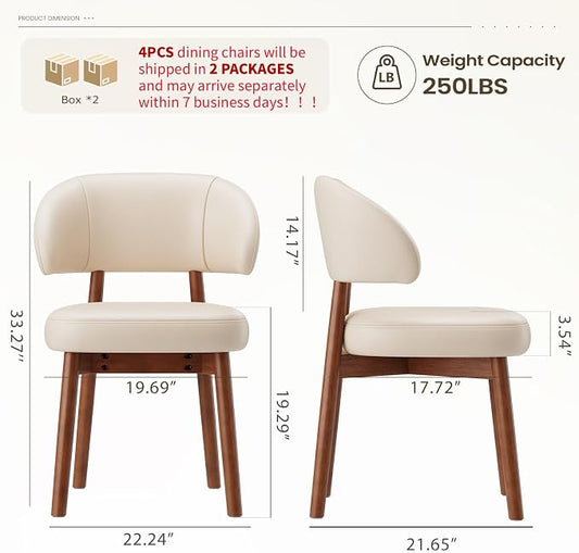 MALOL Wooden Dining Chairs Set of 4, Modern Upholstered Dining Room Chair, PU Leather Kitchen Side Chairs with Curved Open Back for Living Room/Restaurant/Cafe, Beige