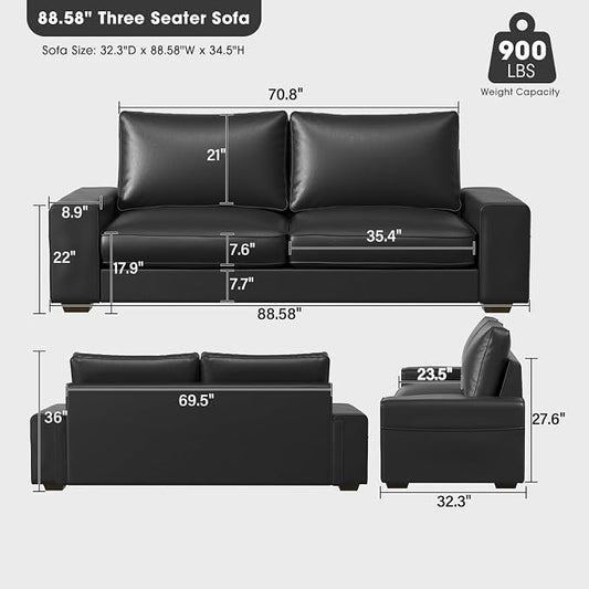 Valthie Faux Leather Couch, Mid Century Modern Comfy Loveseat Sofa with Wide Arm, Side Pockets, Solid Wooden Frame for Office, Living Room and Bedroom, 3 Seater (Black, 88.58 inches)