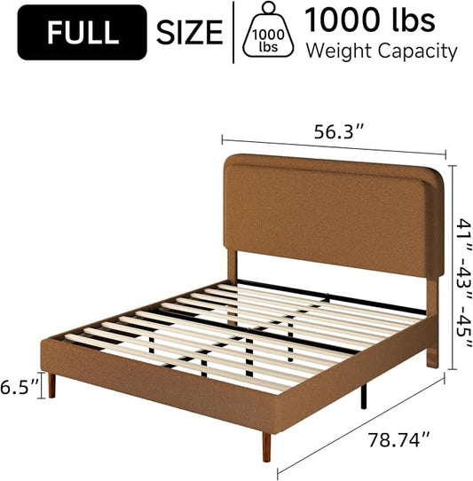 Full Size Boucle Upholstered Bed Frame with Adjustable Headboard, Cloud Platform Bed, Solid Wooden Legs, No Box Spring Needed, Easy Assembly, Brown