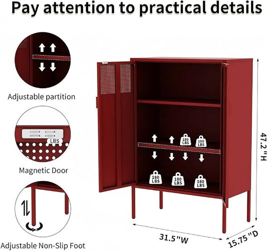 Metal Storage Locker Cabinet with 2 Doors & Adjustable Shelves, 47" Red Accent Furniture, Multipurpose Office Dresser or TV Stand for Home Entryway
