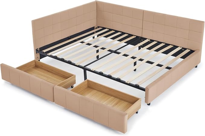 KEIKI Full Size L Shape Corner Bed Frames with 2 Storage Drawer, Backrest and Armrests, Velvet Upholstered Sofa Daybed Full Corner Bed for Small Room, Living Room, Bedroom, Guest Room, Kids' Room
