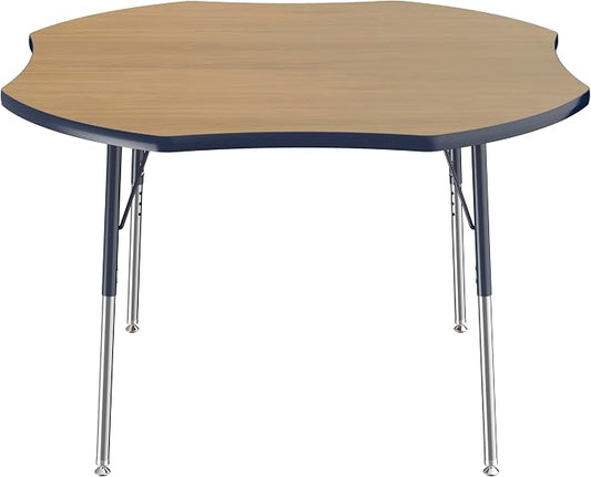 FDP Clover (48 x 48 inch) Collaborative Classroom Table with Adjustable Standard Swivel Glide Legs (19-30 in) School and Office Furniture - Pasadena Oak Top/Navy Edge and Legs