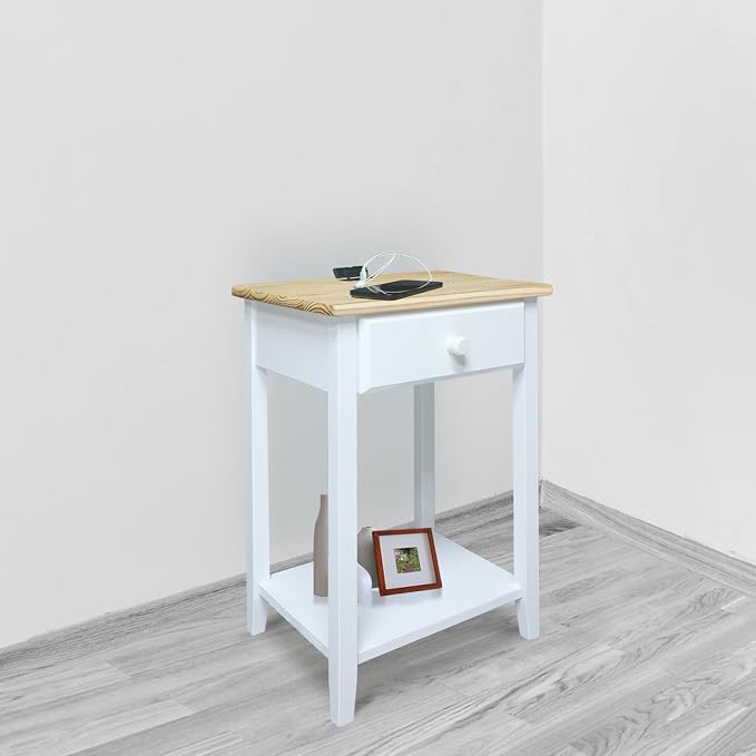 Casual Home Owl Night Stand with USB Port Charging Station and Drawer, 17.5" W x 14.25" D x 24.5" H, Natural White