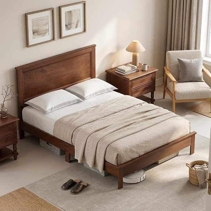 Wood Bed Frames with Headboard, Mid Century Bed Frame with Solid Wood Legs & Wooden Slat Support, Mattress Foundation Bed Base, No Box Spring Needed, (Walnut, Full)