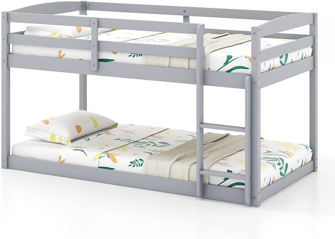 KOMFOTT Low Bunk Bed Twin Over Twin, Solid Wood Bunk Bed Frame with Built-in Ladder & Safety Guardrails, Space-Saving Low Bunk Bed for Kids, Teens, No Box Spring Needed