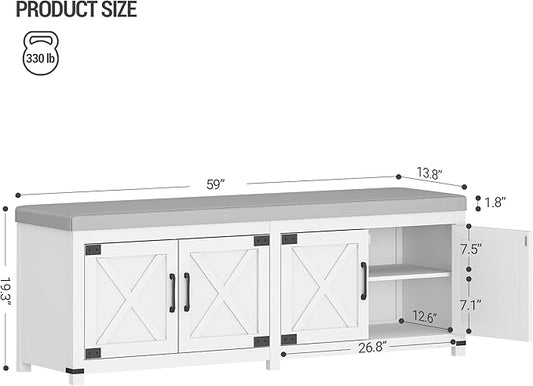 Hzuaneri Shoe Storage Bench, 2 Tier Shoe Bench with Padded Seat Cushion & 4 Barn Doors, 59" Entryway Bench with Adjustable Shelf, Farmhouse Shoe Cabinet for Living Room, Bedroom, White SB31503GY