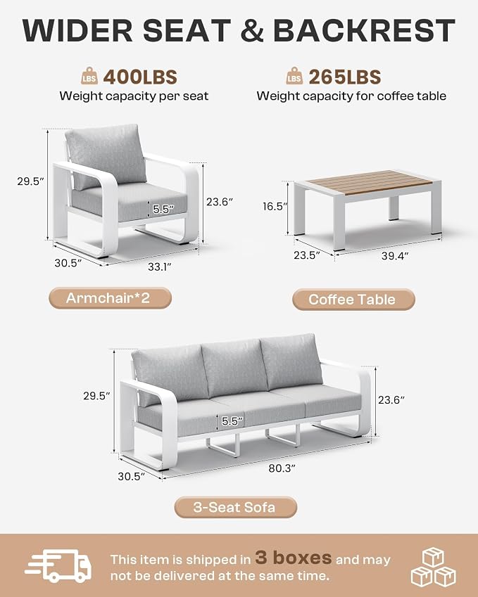 Oversized Aluminum Outdoor Furniture Set, Extra Large Patio Furniture Sofa Set 4.8” Widened Armrest & Ultra-Thick Cushions, 4 Pcs Modern Patio Sectional for Backyard, Porch, White