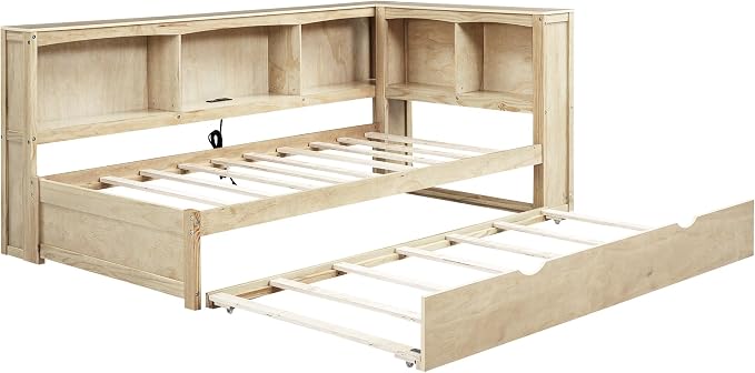 Bellemave Twin Corner Bed Frame with Trundle and USB Ports, Wood Twin Size Daybed with L-Shaped Bookcase,Daybed with Storage Cabinets, Wood Color