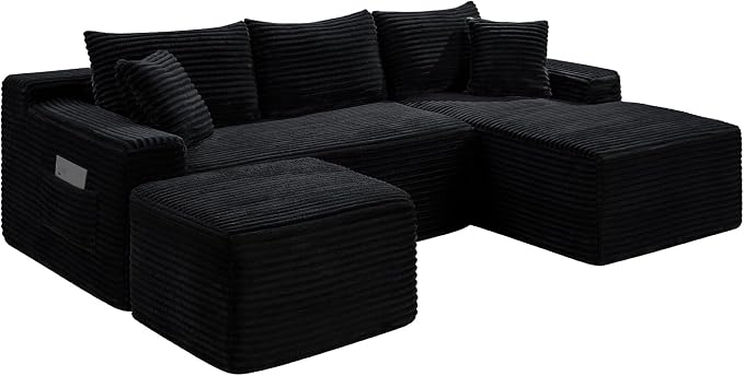 106-Inch Oversized U-Shaped Right Facing Corner Compressed Sofa Modular Boneless Cloud Sectional Sofa Floor Foam Couch W/Chaise & Ottoman, Corduroy Corner Boneless Cloud Couch