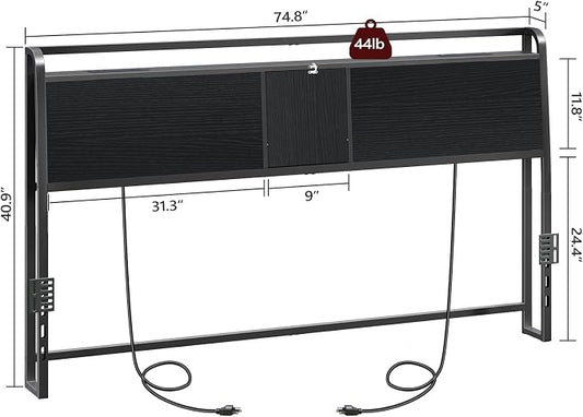 MAHANCRIS Headboard King Size with 2 Power Strips and Flip Door Storage | Industrial King Headboard with Adjustable Bed Frame Adapters, 95° Backrest, Easy Assembly, Sturdy Construction, Black