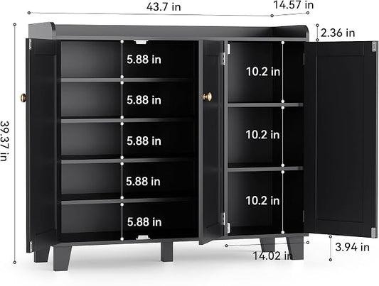 Shoe Storage Cabinet with 3 Doors and Adjustable Shelves,40 Inch Tall Farmhouse Flat-Shelf Wooden Shoe Cabinet,Shoe Rack Shoe Organizer Cabinet for Hallway Entryway Living Room (Black)