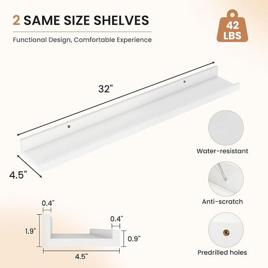 Dreamland Picture Ledge Shelf for Wall, Floating Shelves Set of 2, 32 Inch Long Floating Shelves with Lip for Living Room, Bedroom, Bathroom, Kitchen, White